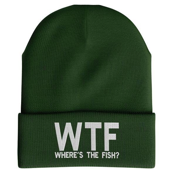 Printbox Originals WTF Wheres The Fish beanie with green embroidery keeps anglers warm on cool mornings.