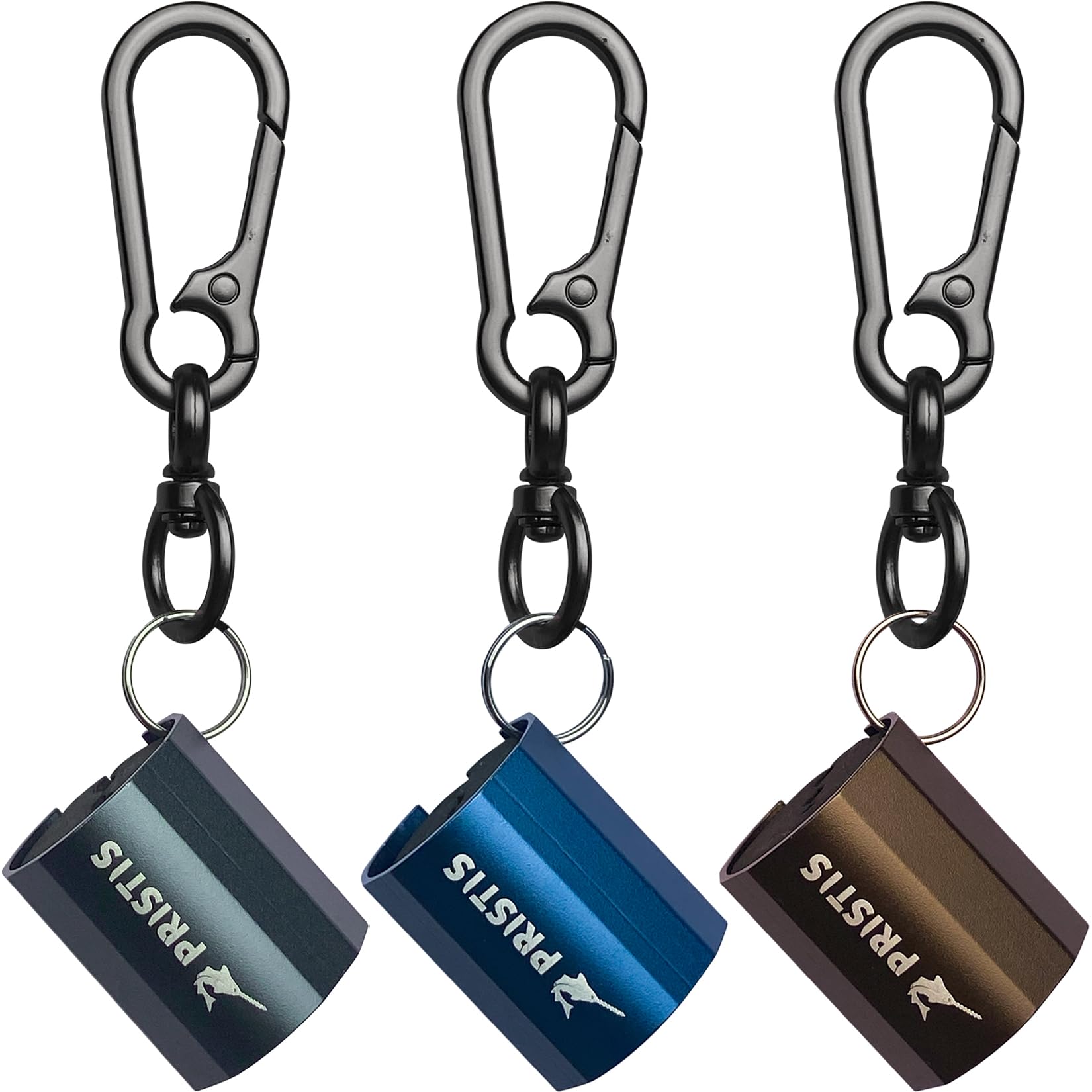 Pristis 3 Pack Fishing Rod Clips main view with wearable rod holders and keychain