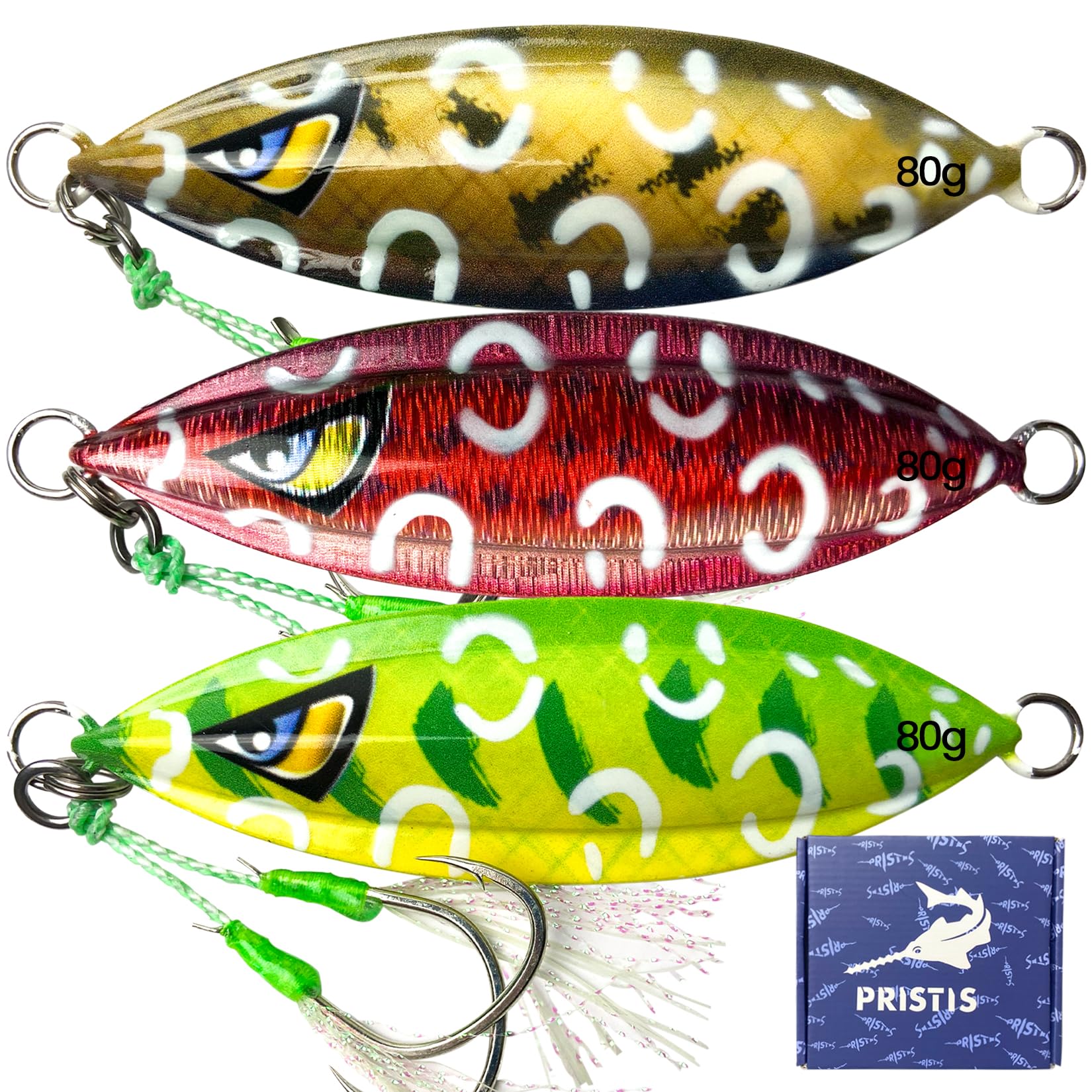Pristis 3pcs 80g sinking jig with holographic finish—close-up