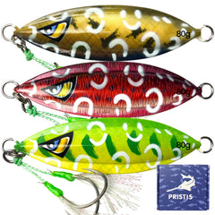 Pristis 3pcs 80g sinking jig with holographic finish—close-up