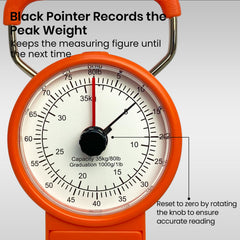 Close-up of red real-time weight pointer on the scale