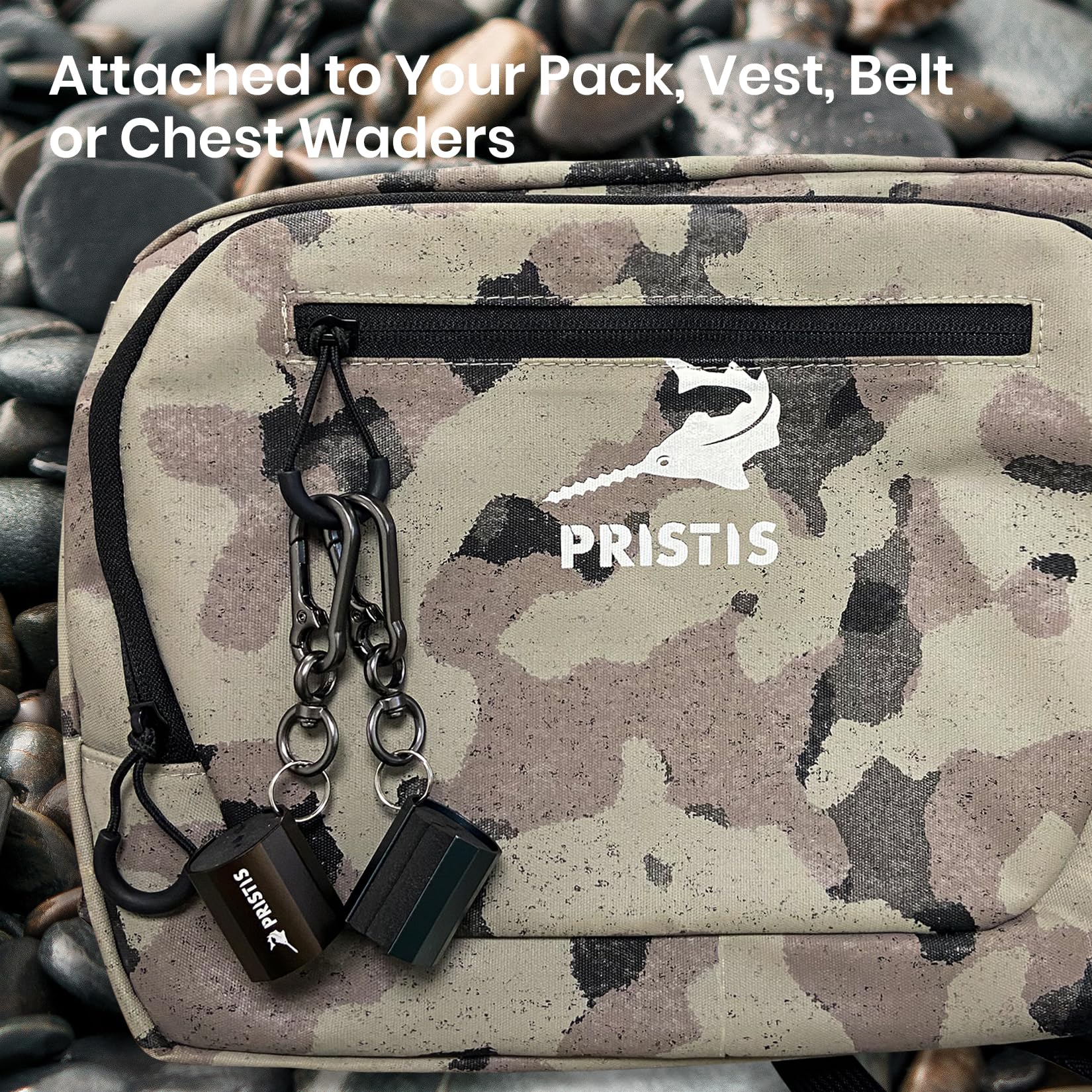 In-use shot showing hands-free rod handling with carabiner clip