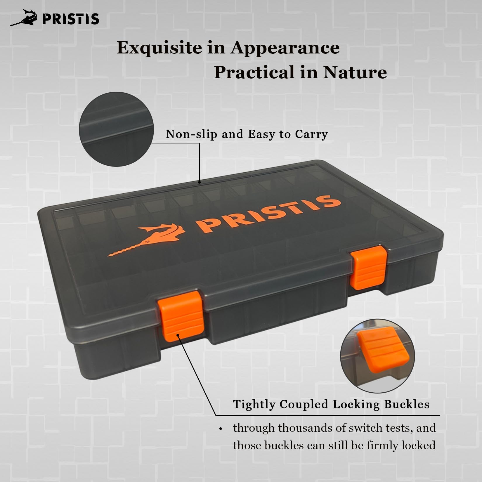 Pristis tackle-trays dented-lock-buckles ensure secure closure even with wet hands.
