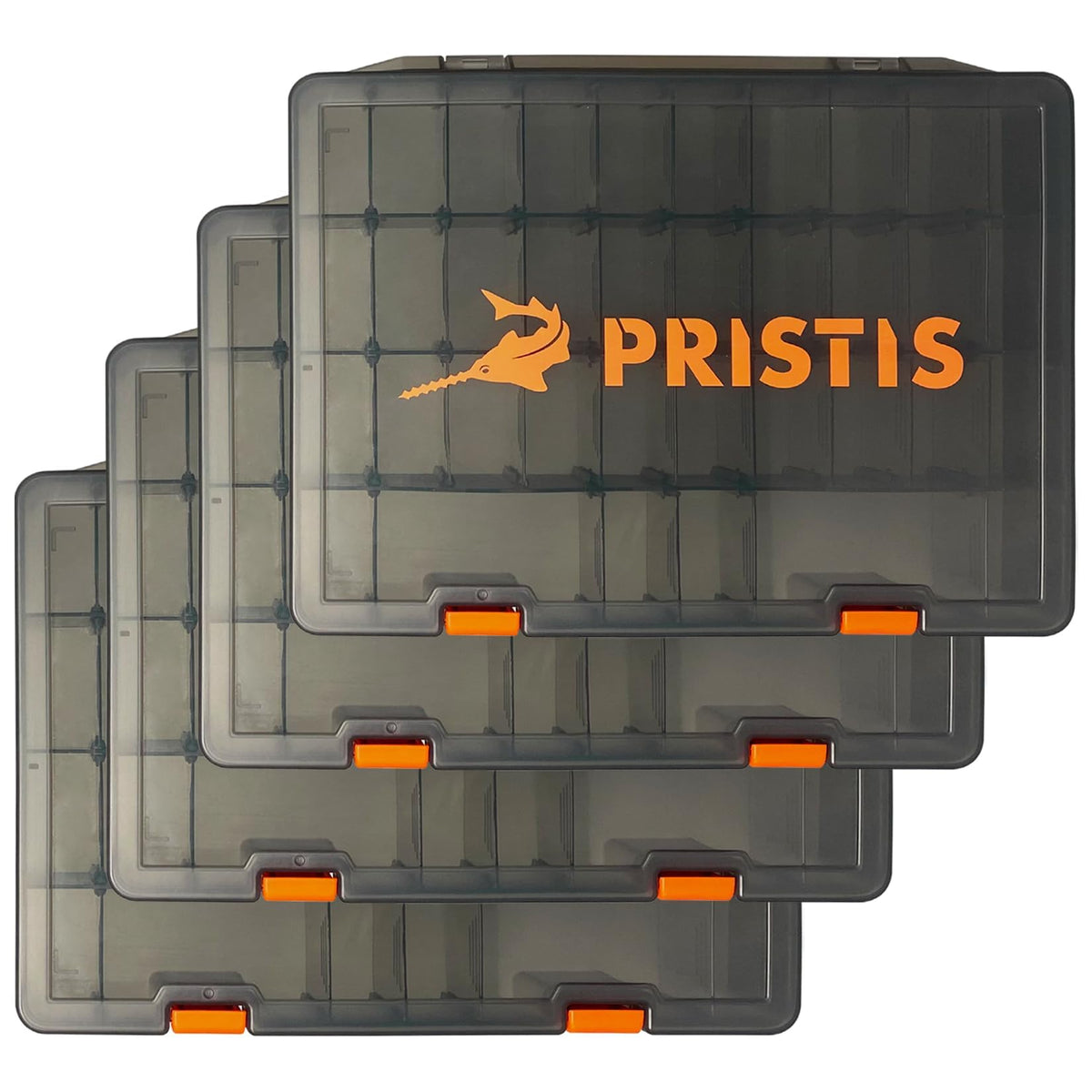 Pristis tackle trays lid-open show organized compartments for quick gear access.