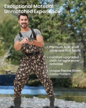 Pristis Taslan waders camo print texture emphasizes rugged outdoor camouflage aesthetics.