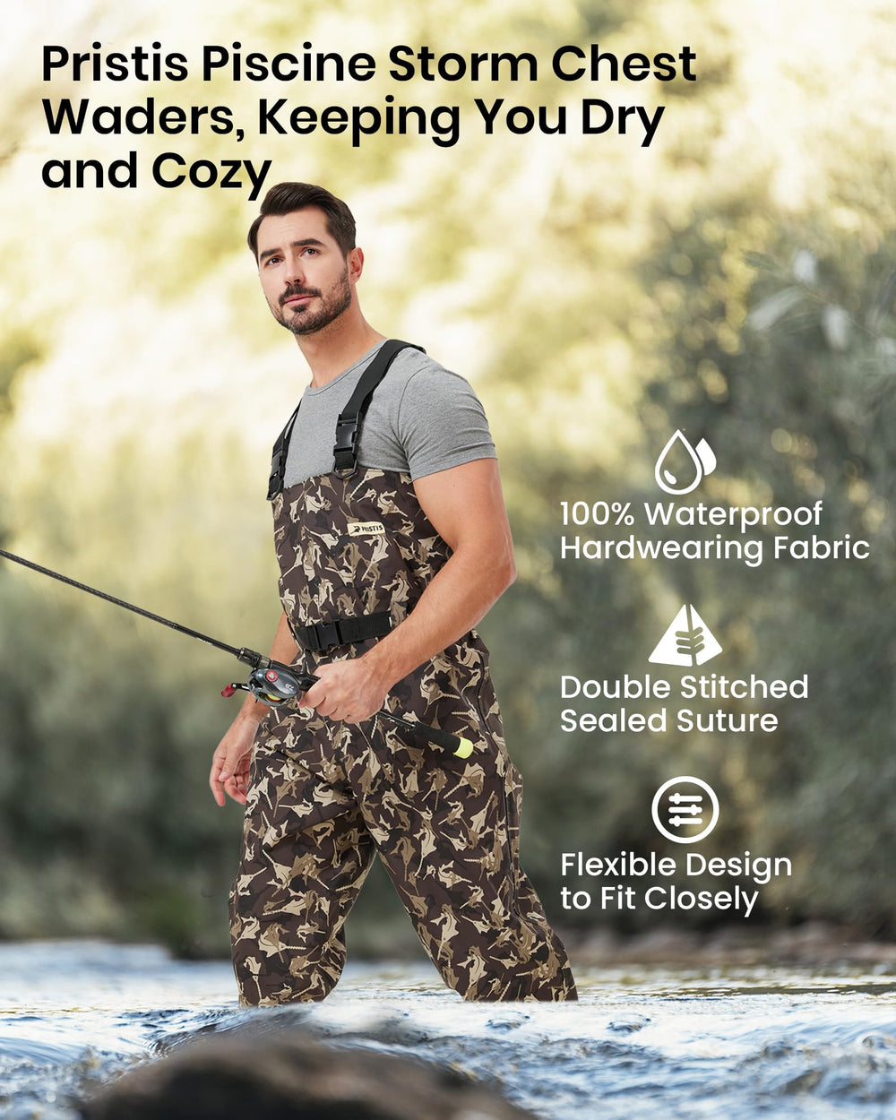 Pristis Taslan waders in-action fishing scene highlights lightweight waterproof gear.