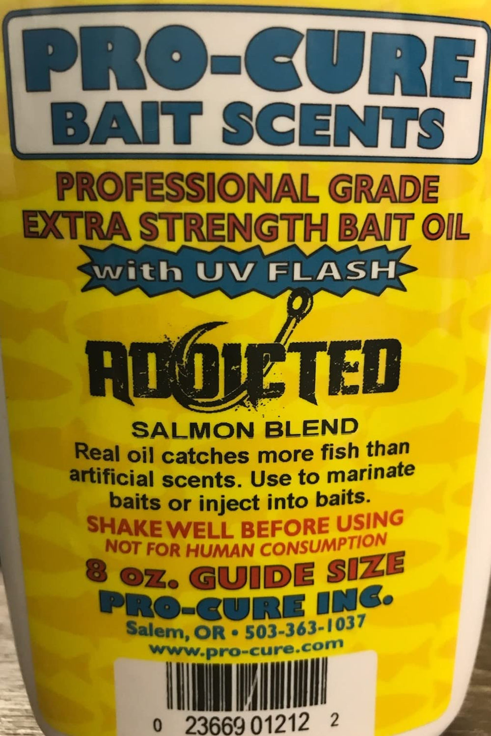 Pro-Cure Addicted Blend Oil used to marinate bait for stronger scent on salmon lures.