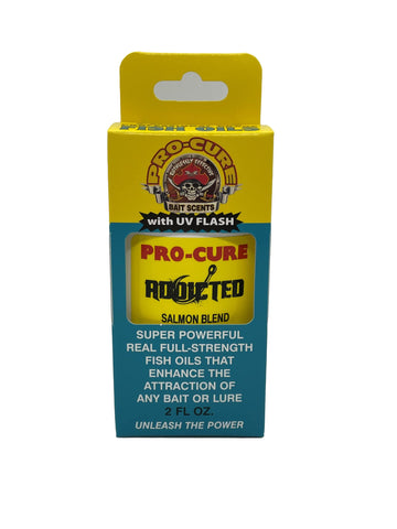 Pro-Cure Addicted Blend Oil salmon attractants bottle highlighting natural scent and bite stimulation.