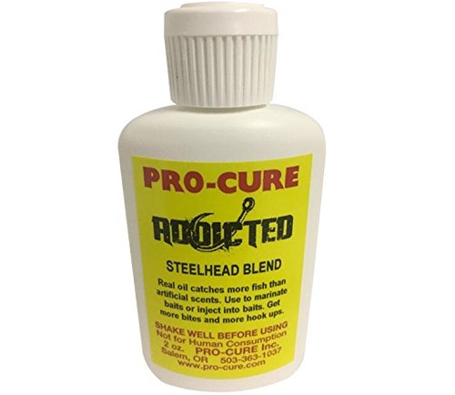 Pro-Cure Addicted Blend Steelhead bait oil for marinating lures and boosting bites.