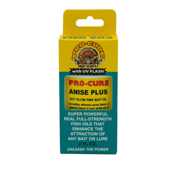 Pro-Cure Anise Plus Bait Oil pink bottle attracts fish and boosts bite cues.