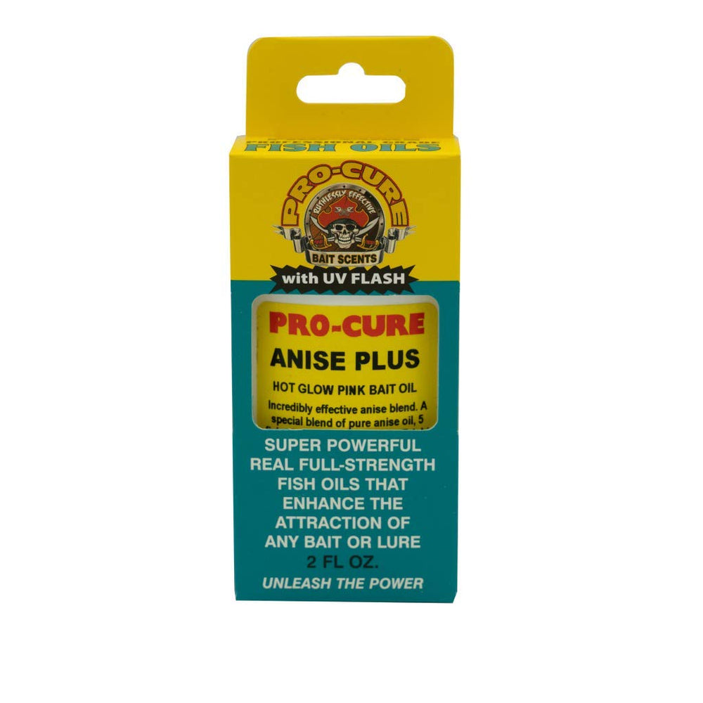 Pro-Cure Anise Plus Bait Oil pink bottle attracts fish and boosts bite cues.