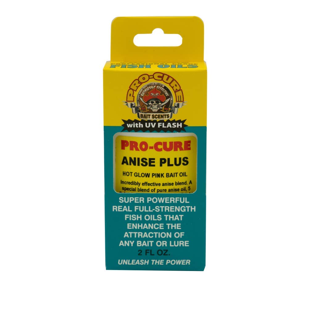 Pro-Cure Anise Plus Bait Oil pink bottle attracts fish and boosts bite cues.