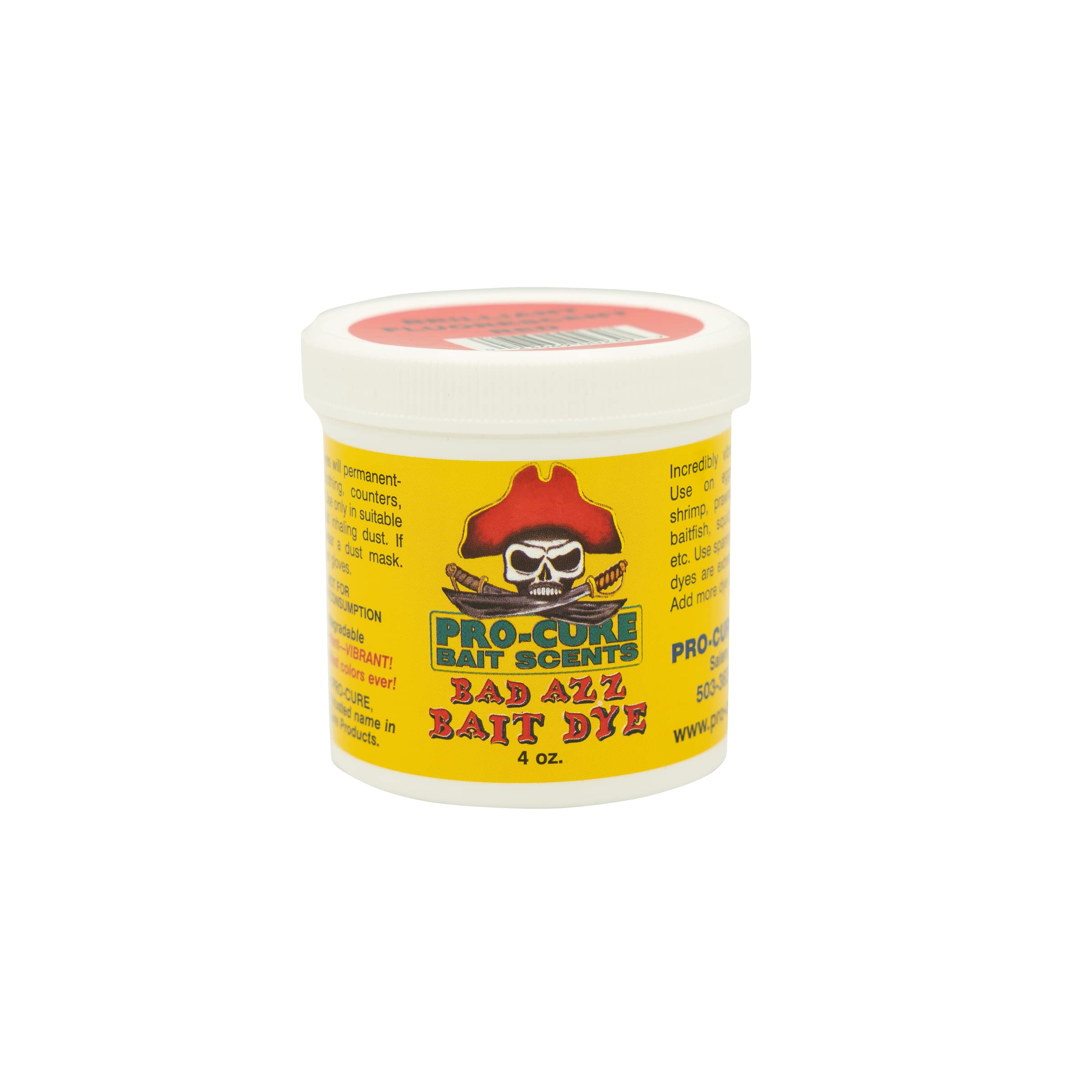 Close-up of Pro-Cure Bad Azz Powder Dye 4oz Brilliant Red Fluorescent bottle