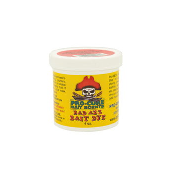 Close-up of Pro-Cure Bad Azz Powder Dye 4oz Brilliant Red Fluorescent bottle