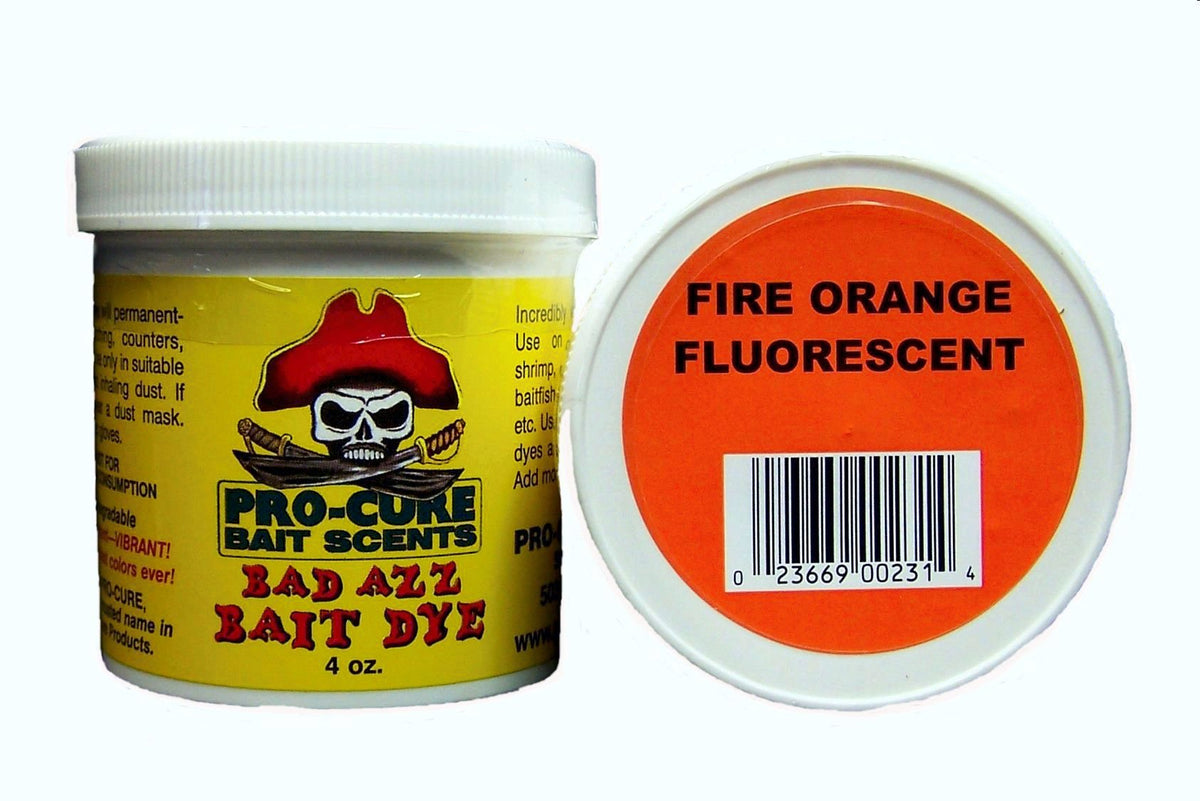 Pro-Cure Bad Azz Powder Dye Fire Orange Fluorescent jar boosts visibility underwater.
