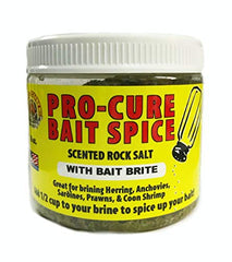 Jar of Pro-Cure Bait Spice rock salt ready for brine.