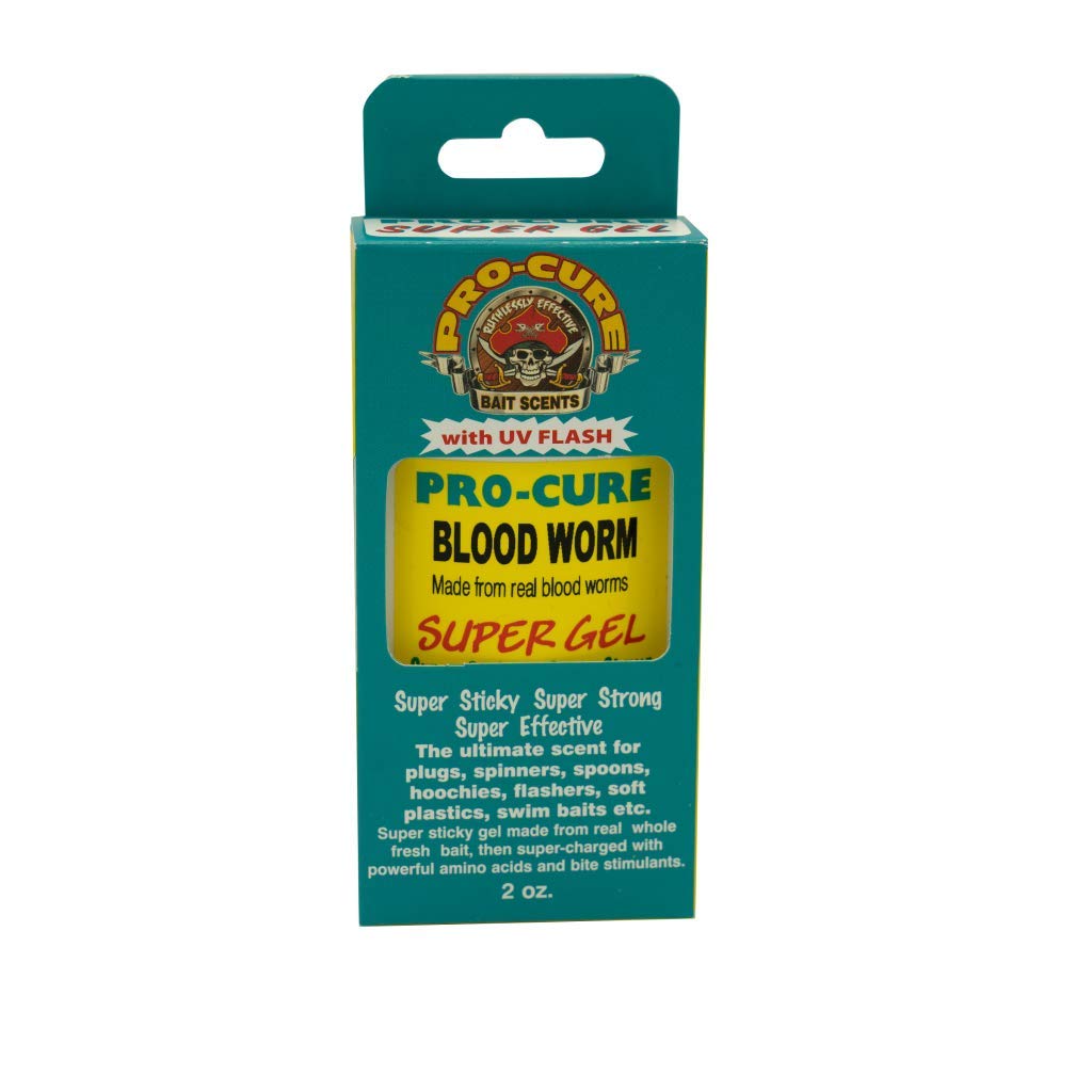 Pro-Cure Blood Worm Super Gel bottle with UV flash to boost lure appeal.