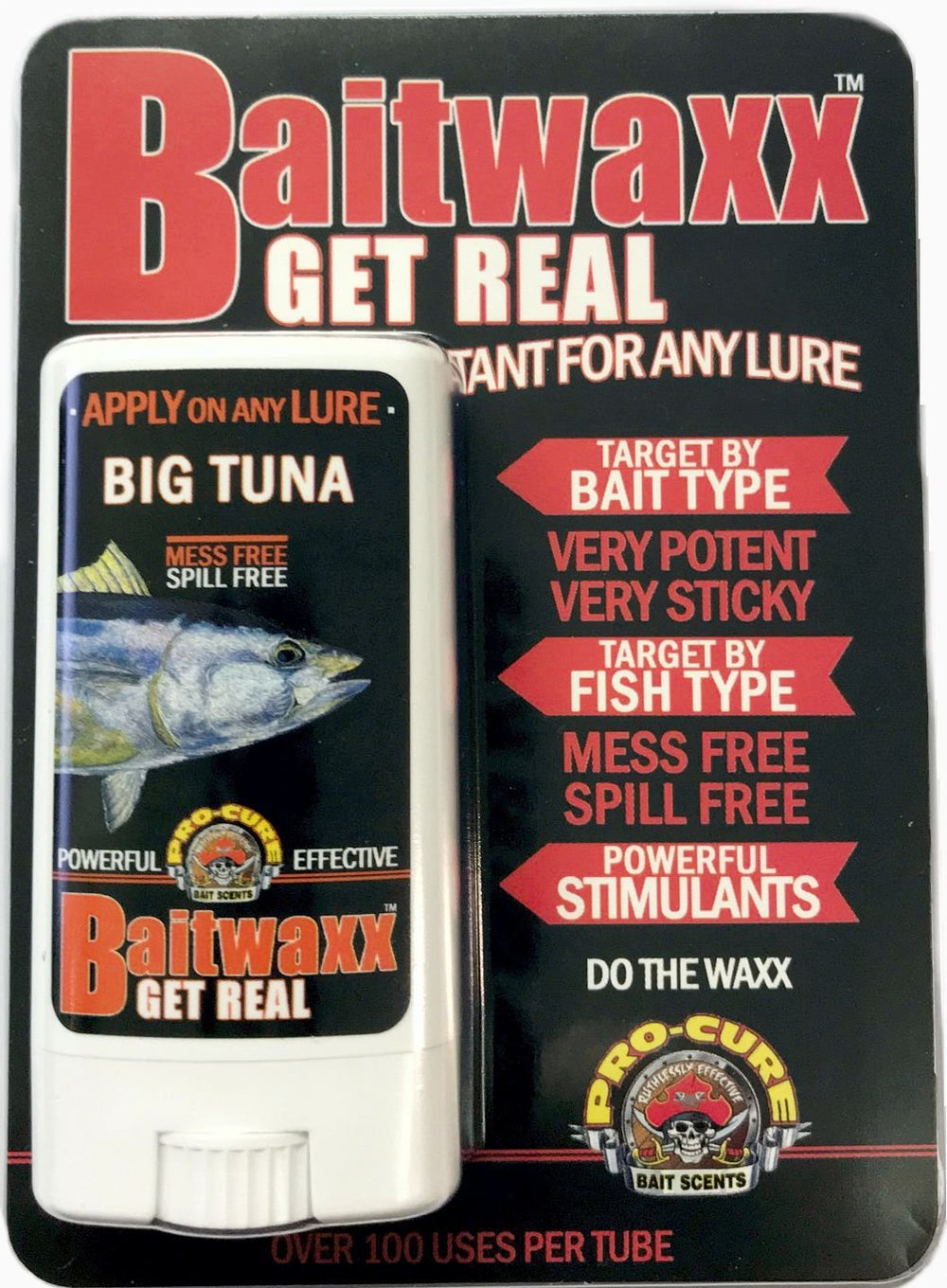 Pro-Cure Bloody Tuna Baitwaxx jar close-up showing real bait attractant benefits.
