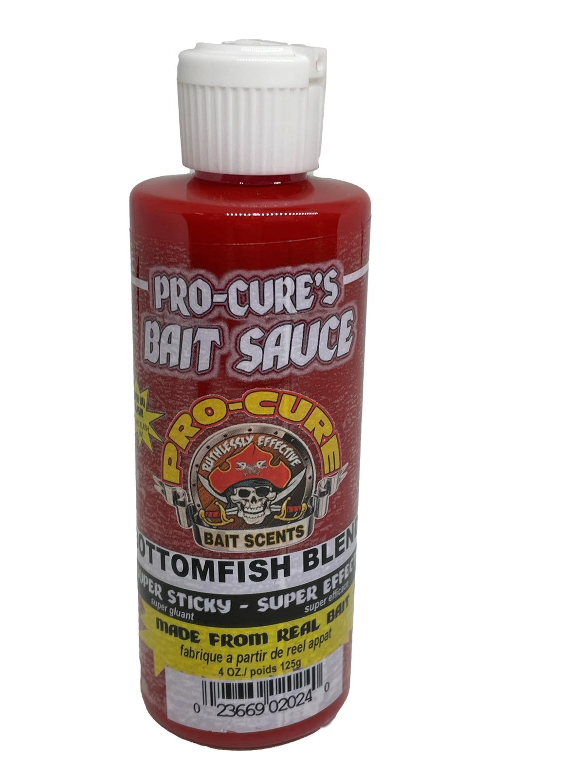 Pro-Cure Bottomfish Bait Sauce bottle with real bait scent for saltwater game fish.
