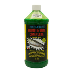 Pro-Cure Brine N Bite Chartreuse Glow bottle closeup showing UV-activated color boost.