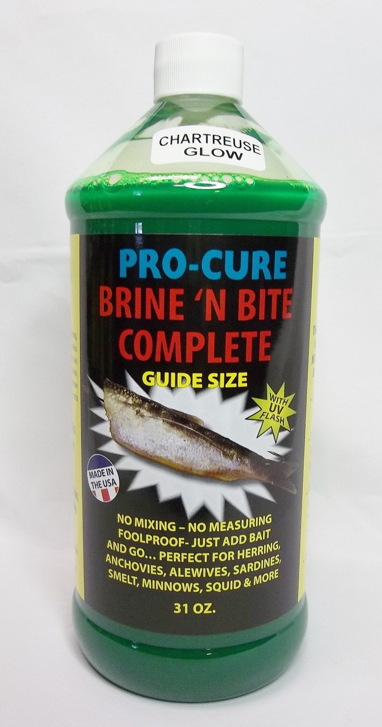 Pro-Cure Brine N Bite Chartreuse Glow UV-boosted formula attracts with color and scent cues.