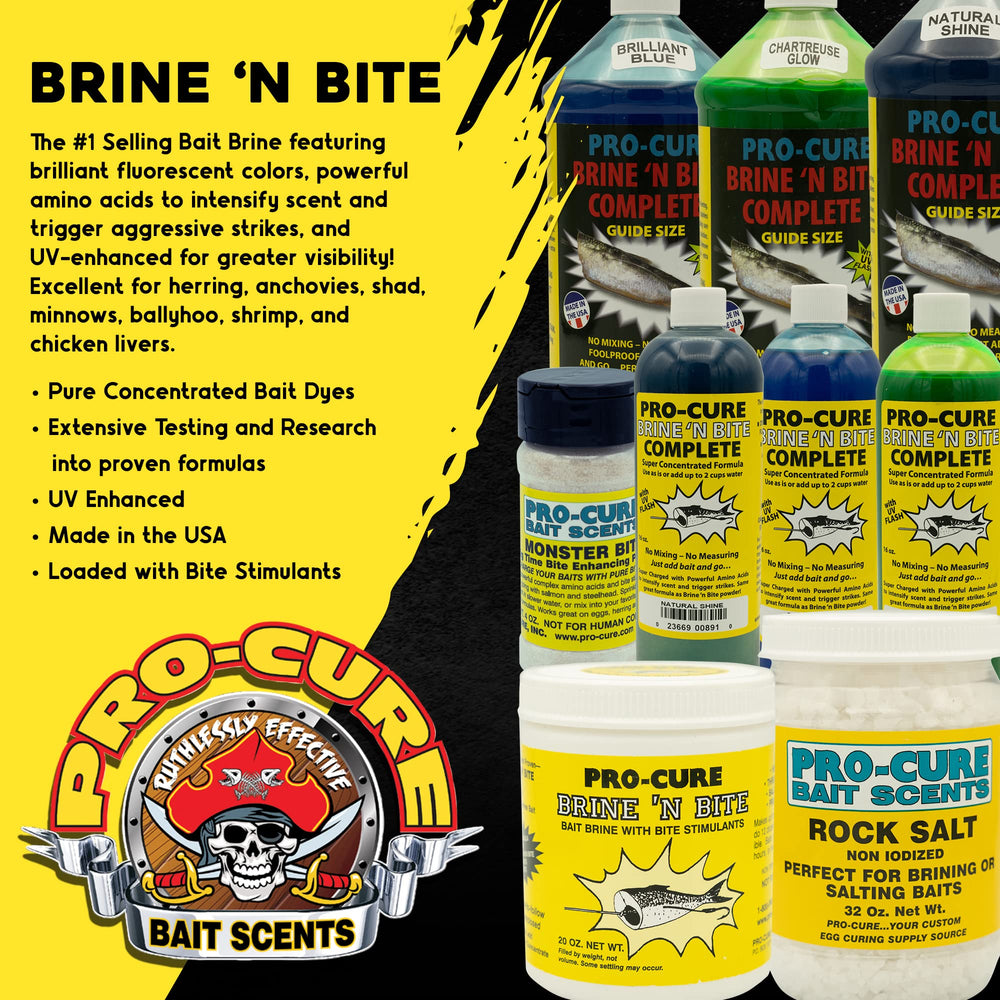 Pro-Cure Brine 'N Bite Complete bottle close-up showcases UV-enhanced formula.