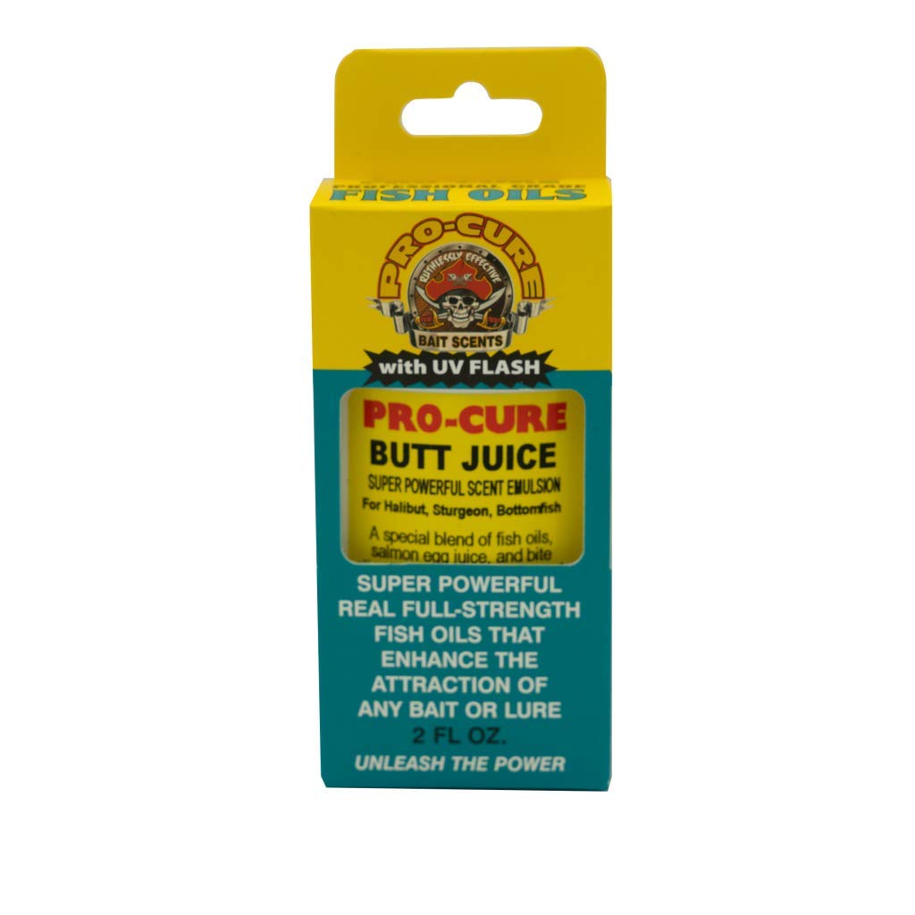 Pro-Cure Butt Juice Heavy Liquid bottle pour shows strong halibut scent