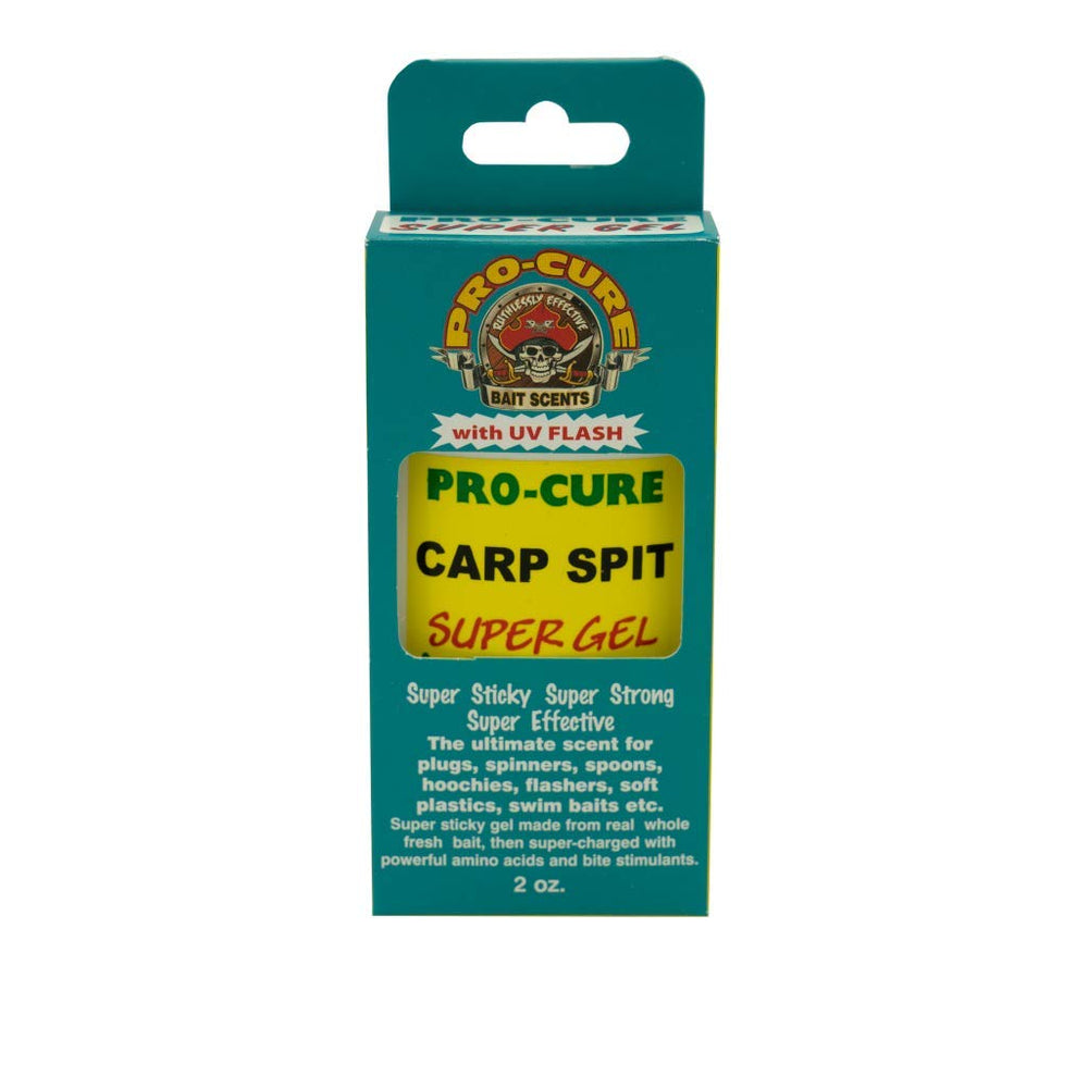 Pro-Cure Carp Spit Super Gel 2oz bottle with real bait scent for lure effectiveness.