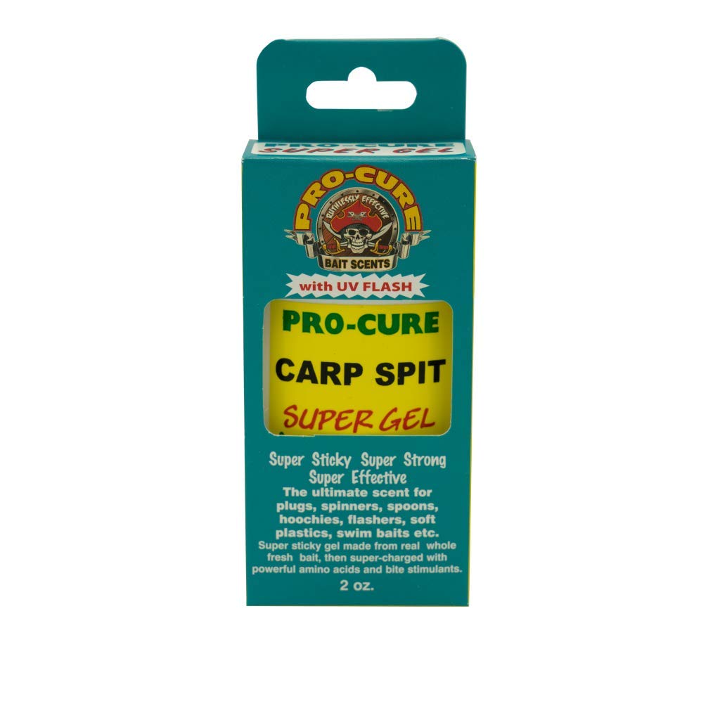 Pro-Cure Carp Spit Super Gel 2oz bottle with real bait scent for lure effectiveness.
