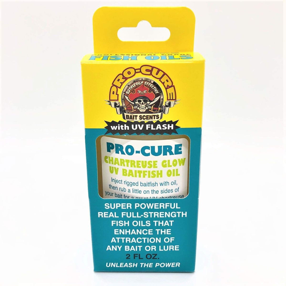 Pro-Cure Chartreuse Glow UV baitfish oil bottle highlights chartreuse scent for stronger bites