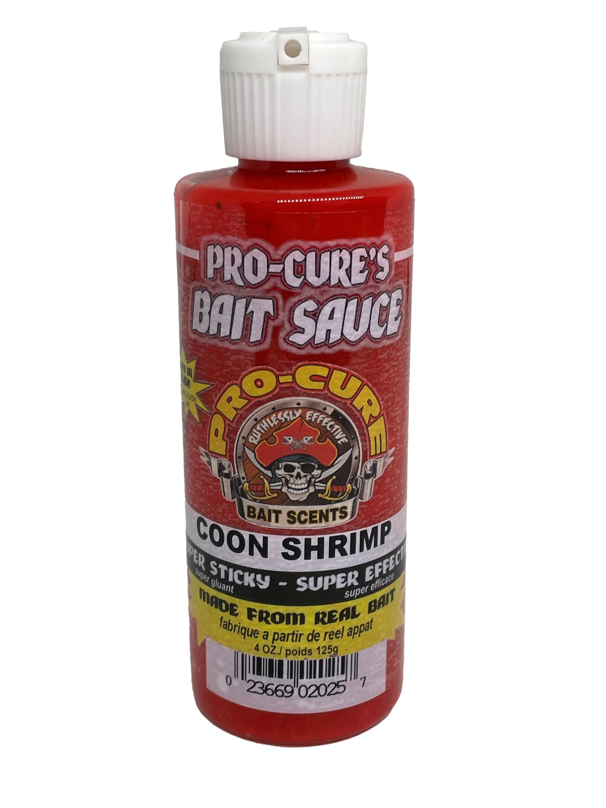 Pro-Cure Coon Shrimp Bait Sauce bottle with real bait scent for freshwater and saltwater game fish.
