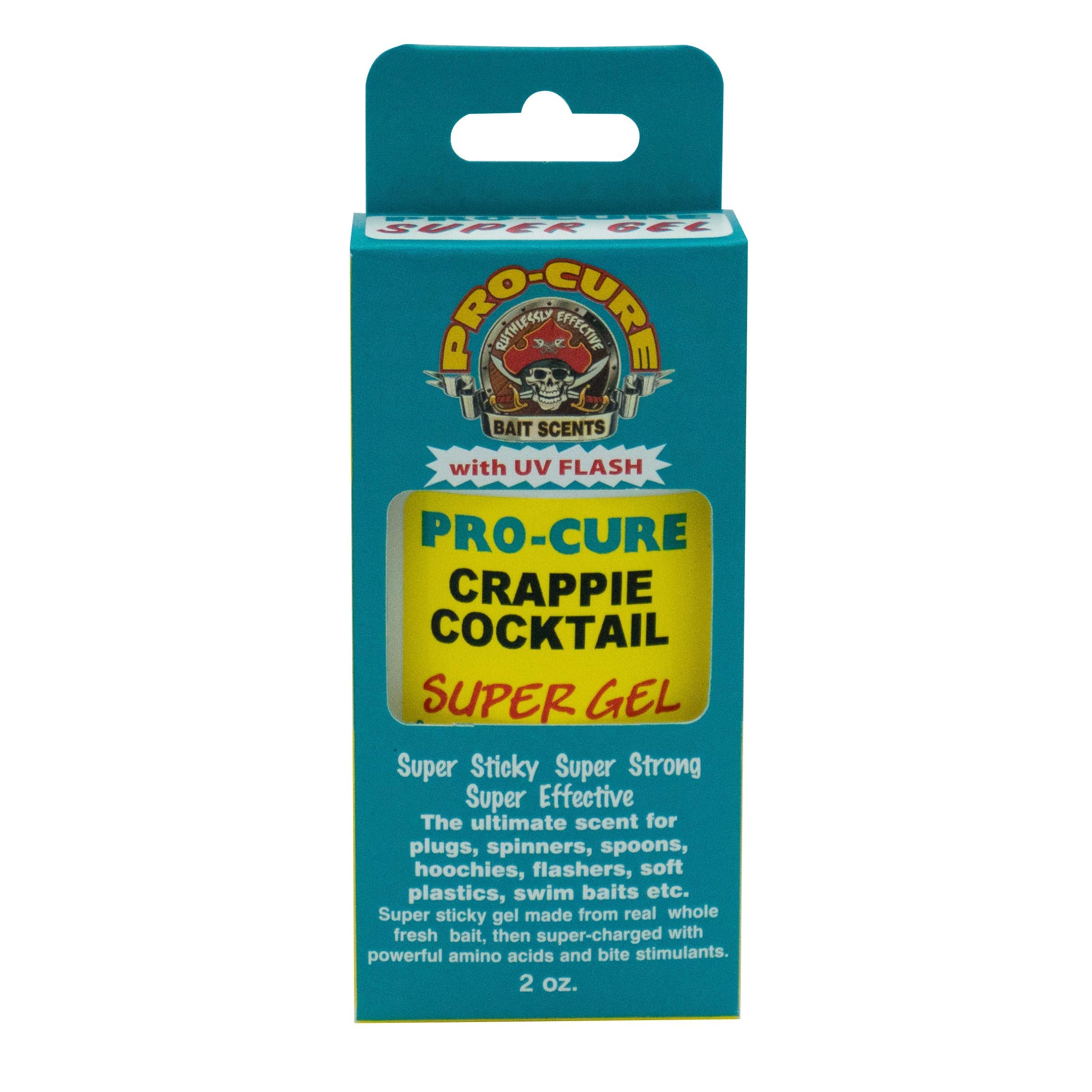 Pro-Cure Crappie Cocktail Super Gel bottle showing UV-enhanced formula for fish attraction.