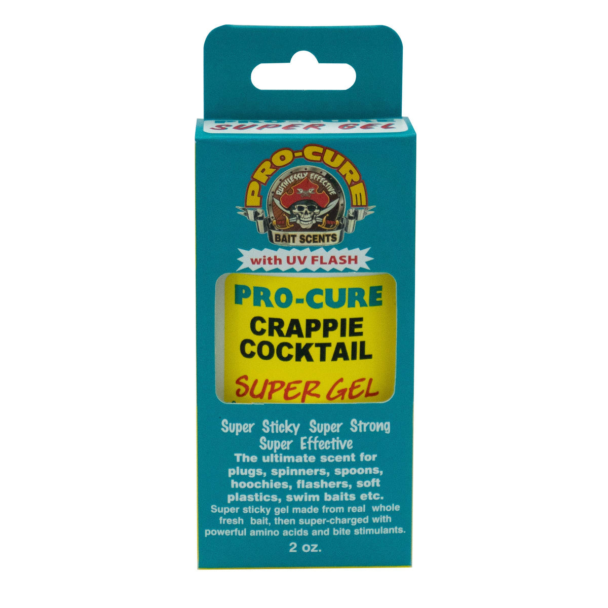 Pro-Cure Crappie Cocktail Super Gel bottle showing UV-enhanced formula for fish attraction.