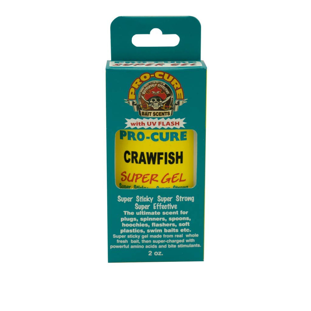 Pro-Cure Crawfish Super Gel bottle closeup with potent bass-attracting scent.