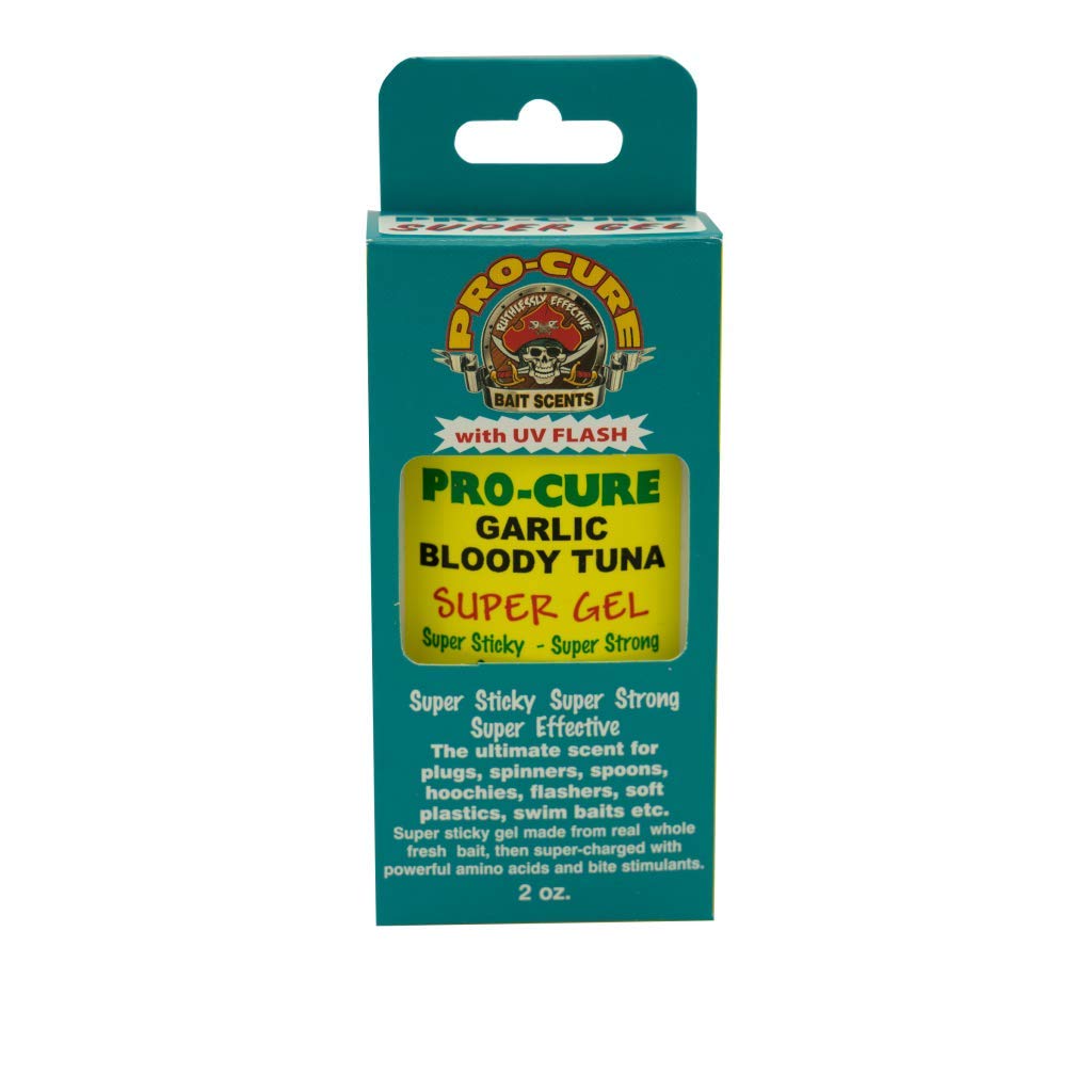 Pro-Cure Garlic Bloody Tuna Super Gel bottle demonstrates real bait scent for stronger attraction.
