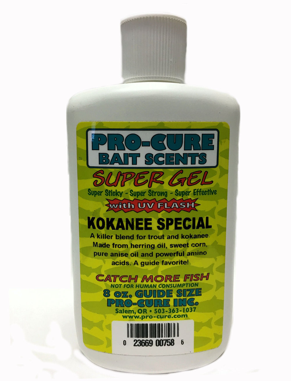 Pro-Cure Kokanee Special Super Gel bottle close-up showing UV-enhanced scent for kokanee fishing