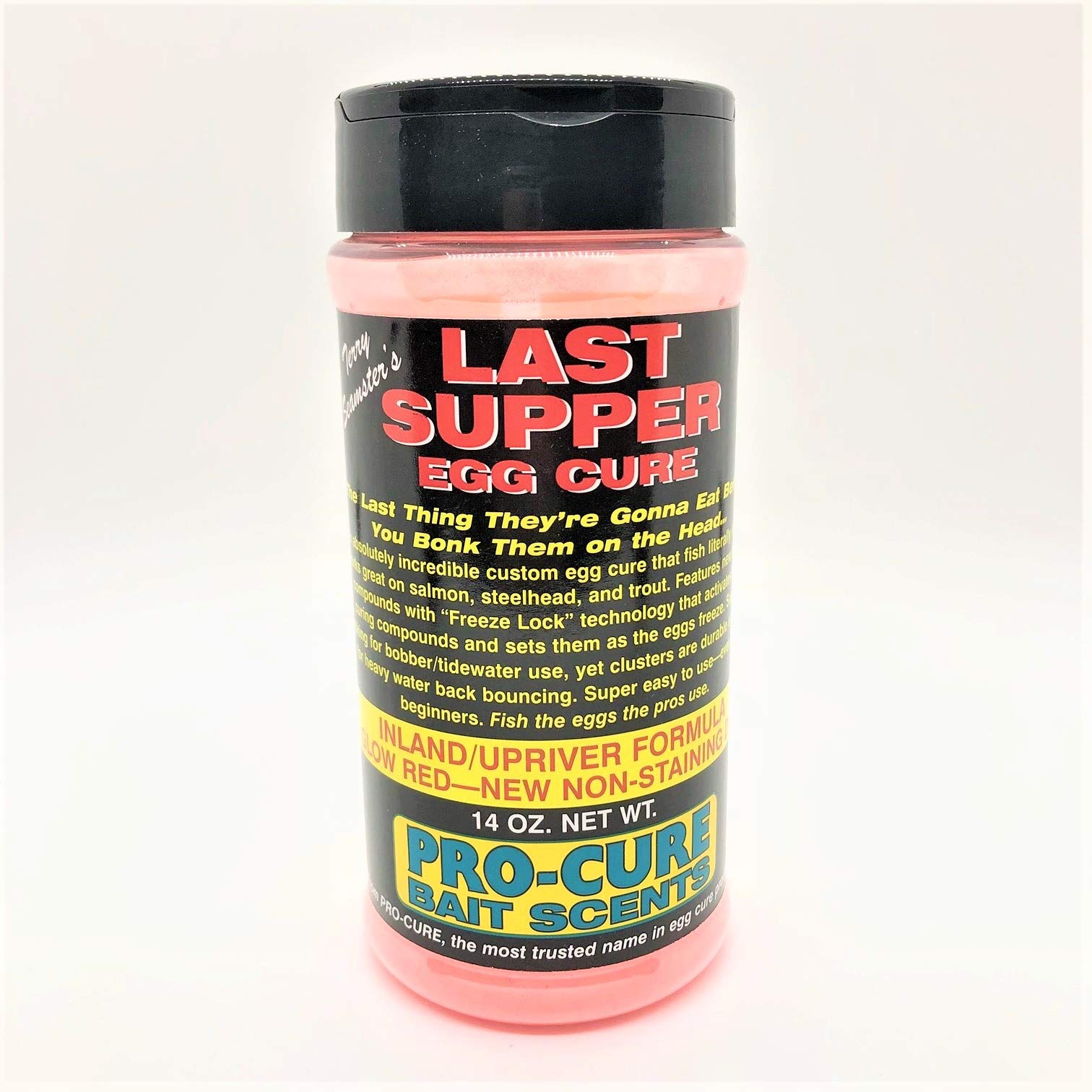 Pro-Cure Last Supper Inland Upriver Egg Cure glow-red bottle for bobber and tidewater fishing.