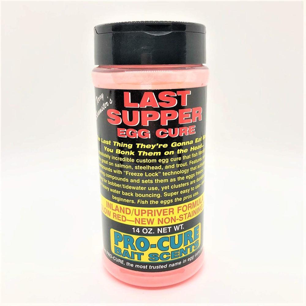 Pro-Cure Last Supper Inland Upriver Egg Cure glow-red bottle for bobber and tidewater fishing.
