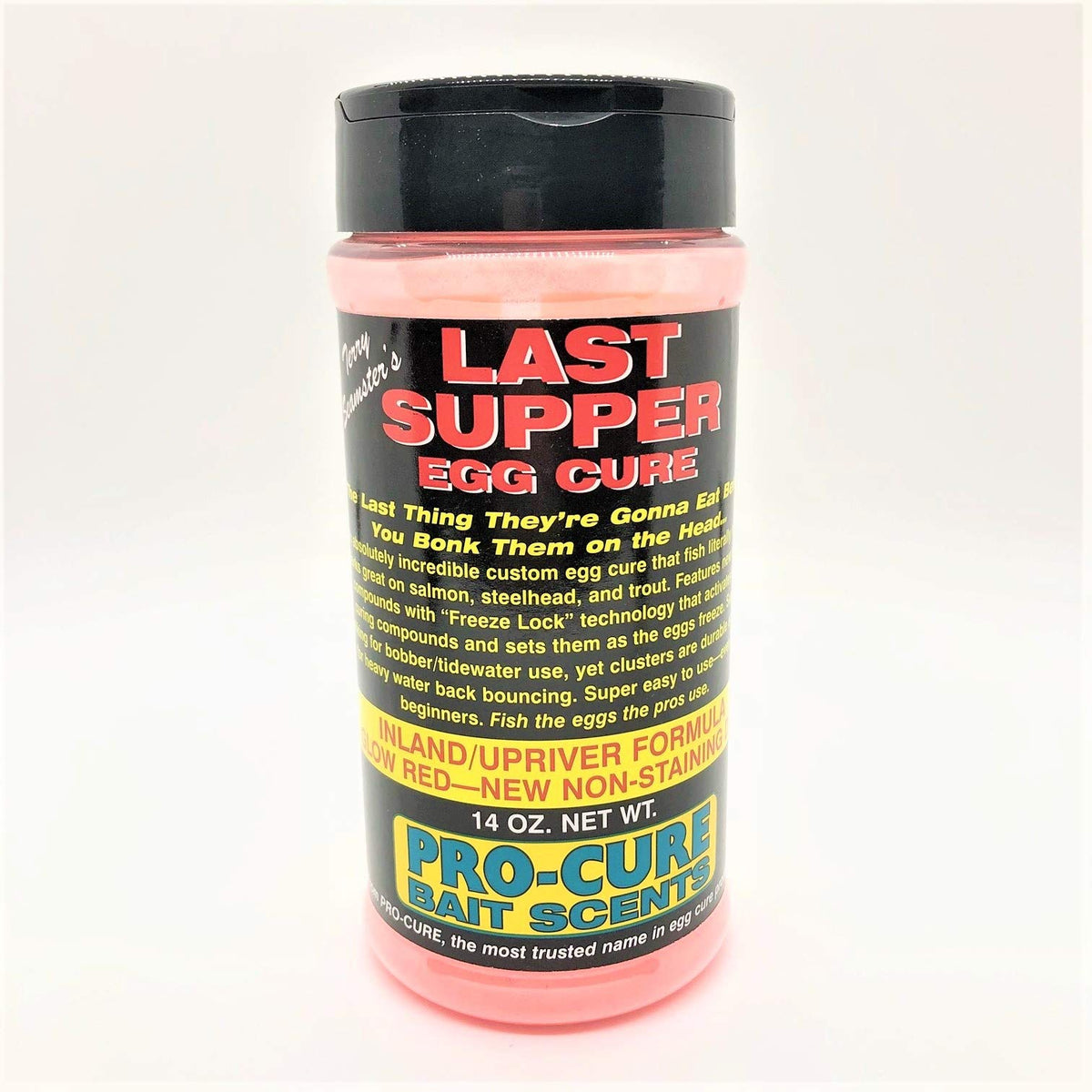 Pro-Cure Last Supper Inland Upriver Egg Cure glow-red bottle for bobber and tidewater fishing.