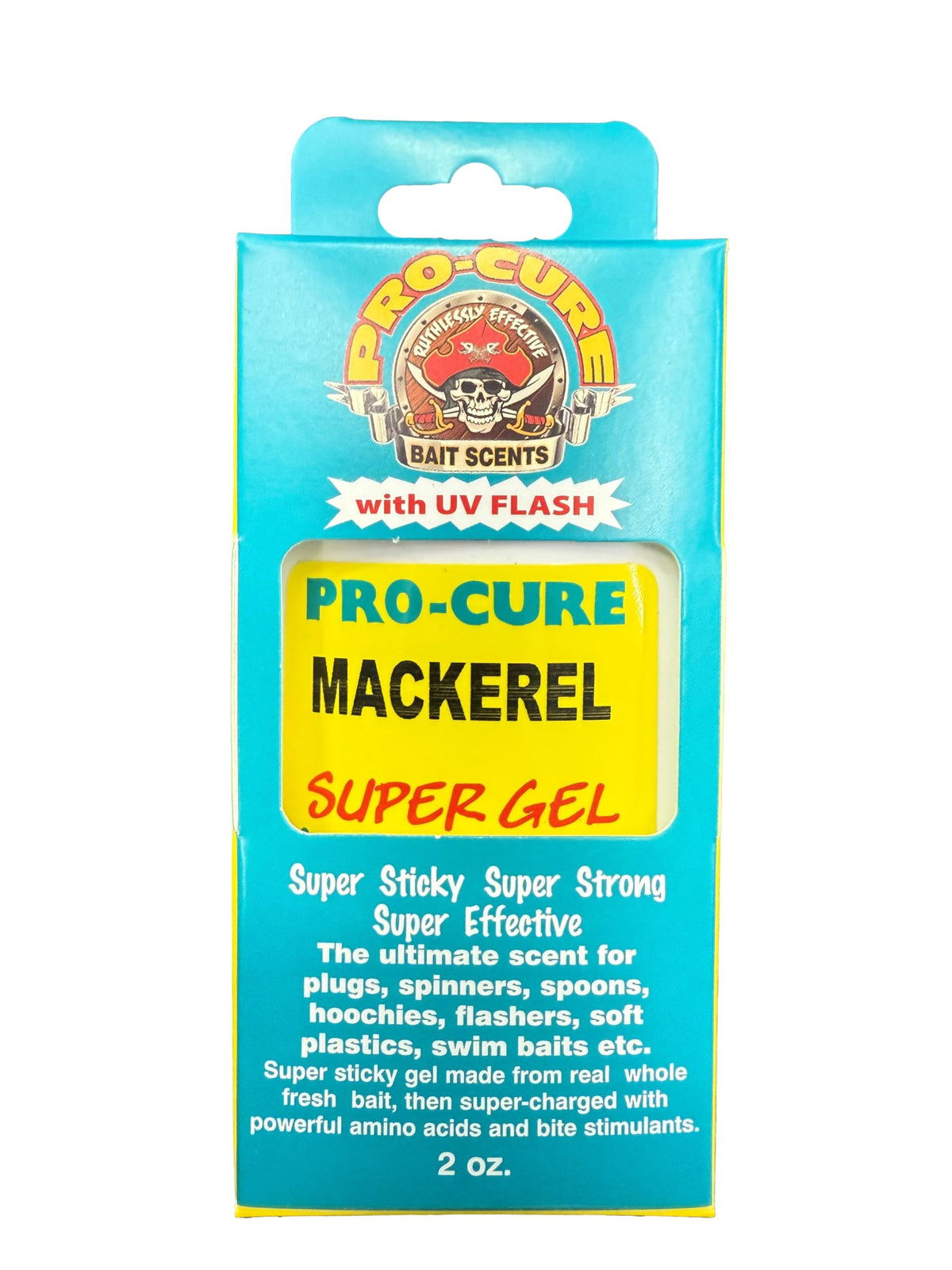 Pro-Cure Mackerel Super Gel with UV flash on lures enhances scent attraction for saltwater fishing