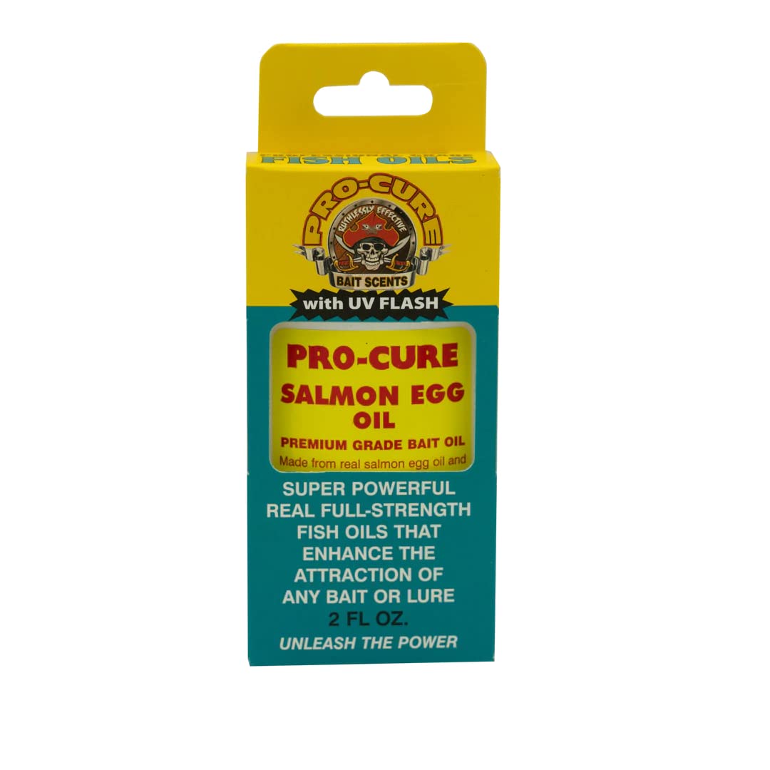 Pro-Cure Salmon Egg Bait Oil bottle pour demonstrates scent and color attractant for fish