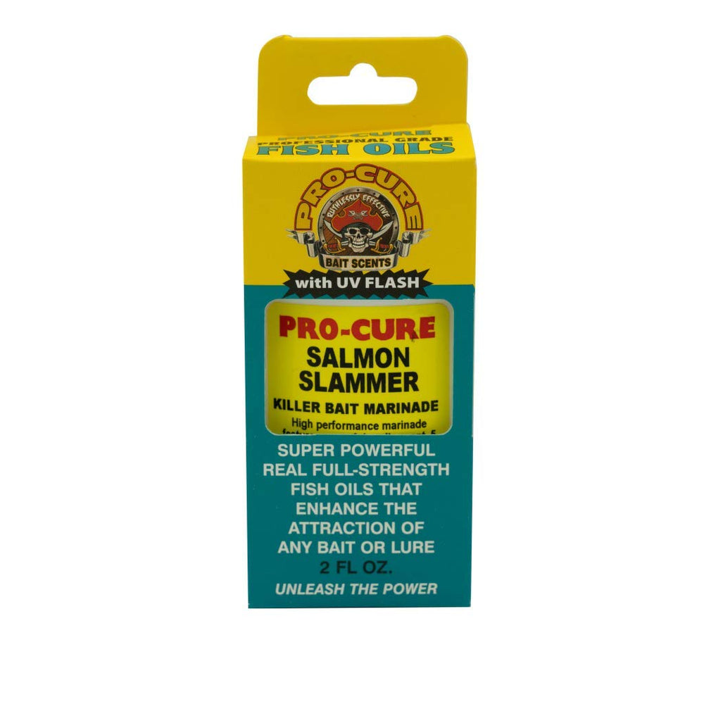Pro-Cure Salmon Slammer bait oil bottle for marinating baits and boosting scent.