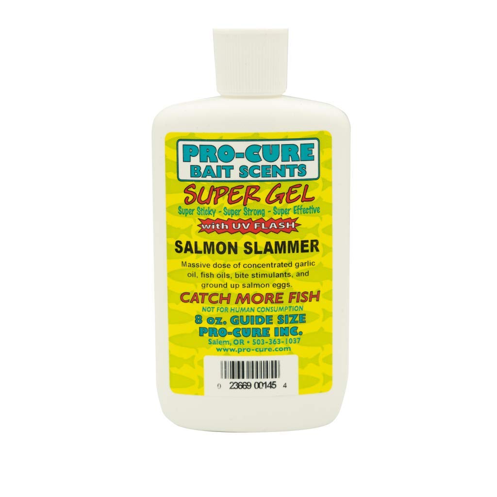 Pro-Cure Salmon Slammer Super Gel bottle pouring onto a lure to attract bites.