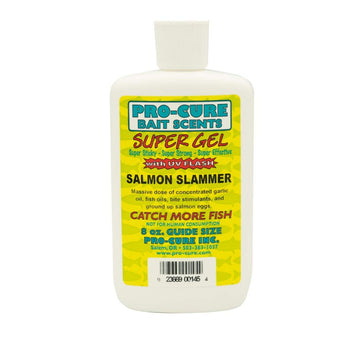 Pro-Cure Salmon Slammer Super Gel bottle pouring onto a lure to attract bites.