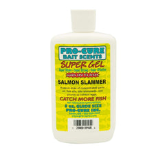 Pro-Cure Salmon Slammer Super Gel bottle pouring onto a lure to attract bites.