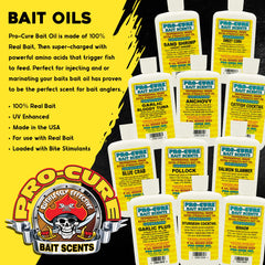 Pro-Cure Sand Shrimp Bait Oil label emphasizes real bait ingredients and UV-enhanced scent.