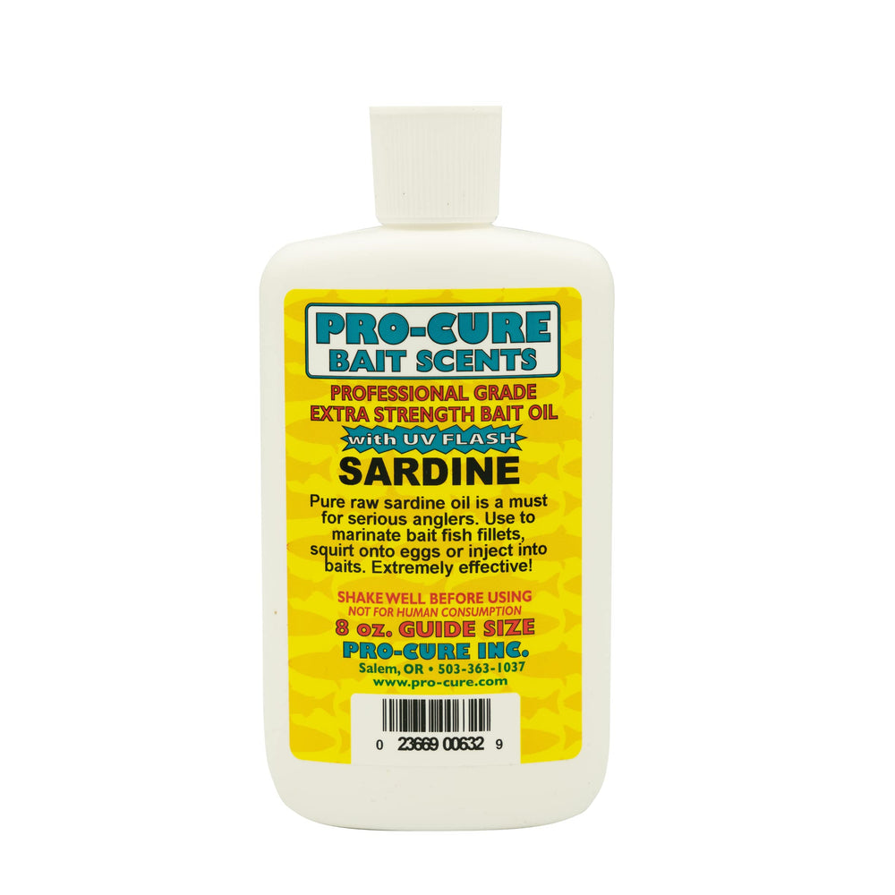 Pro-Cure Sardine Bait Oil bottle boosts scent and bite potential for many species.