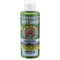 Pro-Cure Sardine Bait Sauce bottle in green boosts scent for bait and lures.