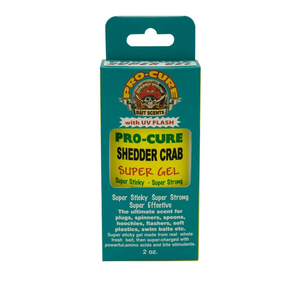 Pro-Cure Shedder Crab Super Gel jar close-up shows UV-boosted scent for luring fish