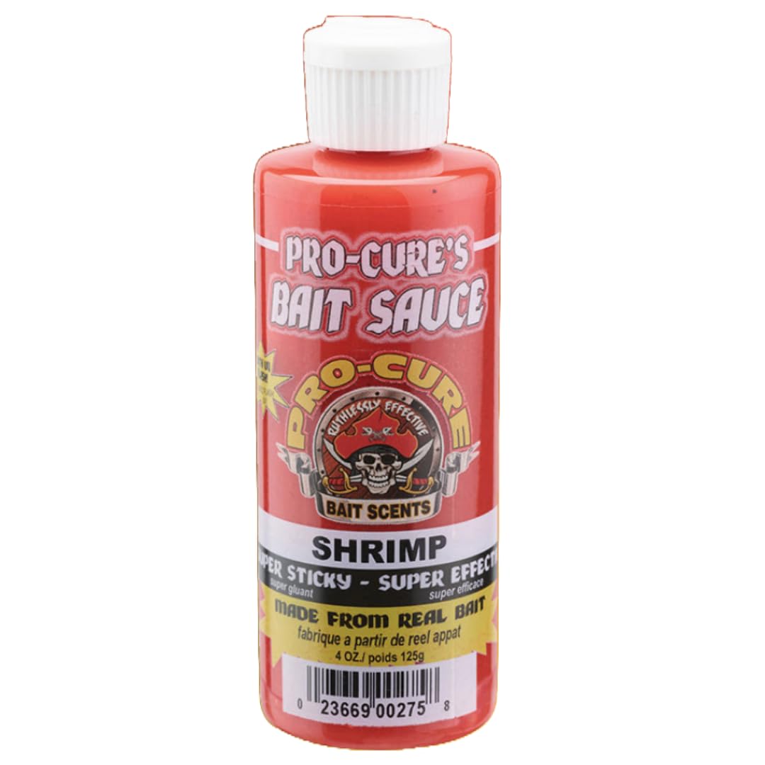 Pro-Cure Shrimp Bait Sauce in red bottle—sticky attractant for lures that boosts effectiveness